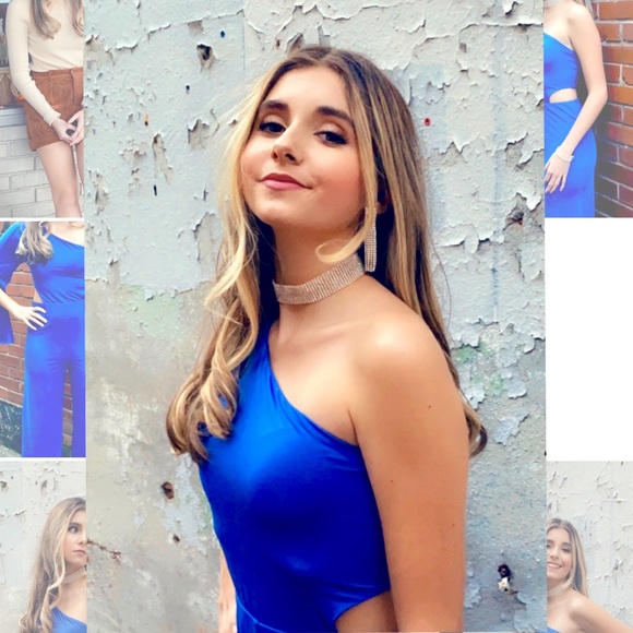 SEXY VENUS BLUE ONE SHOULDER SIDE CUT OUT JUMPSUIT ~ One Shoulder Flowy Romper - Picture 14 of 16